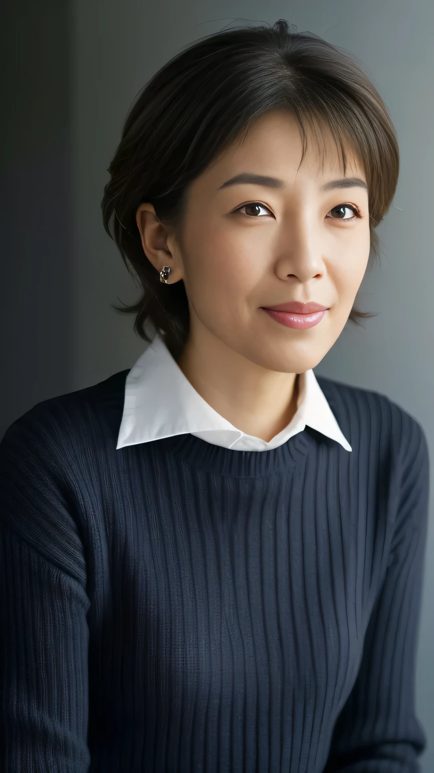 (Very detailed CG Unity 8K wallpaper,Tabletop, Highest quality, Very detailed, Looking into the camera:1.2, Light on the face:1.5, Gray background, Professional Lighting), 4, living in Japan、Mature Woman、short hair, Black-haired, The contours of the face become fuller:1.5, (Thin eyebrows:1.25), big, Bright Eyes, Nose is too small, Soft mouth, physically slim, (Wear a shirt under your sweater), Impression of sincerity, Noble Mix Mod v3.0