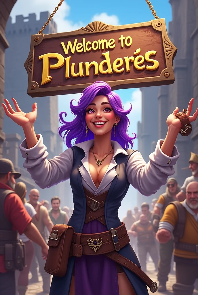a purple haired woman leads a guild, she was happy smiling looking at the camera holding the word Welcome to Plunderes