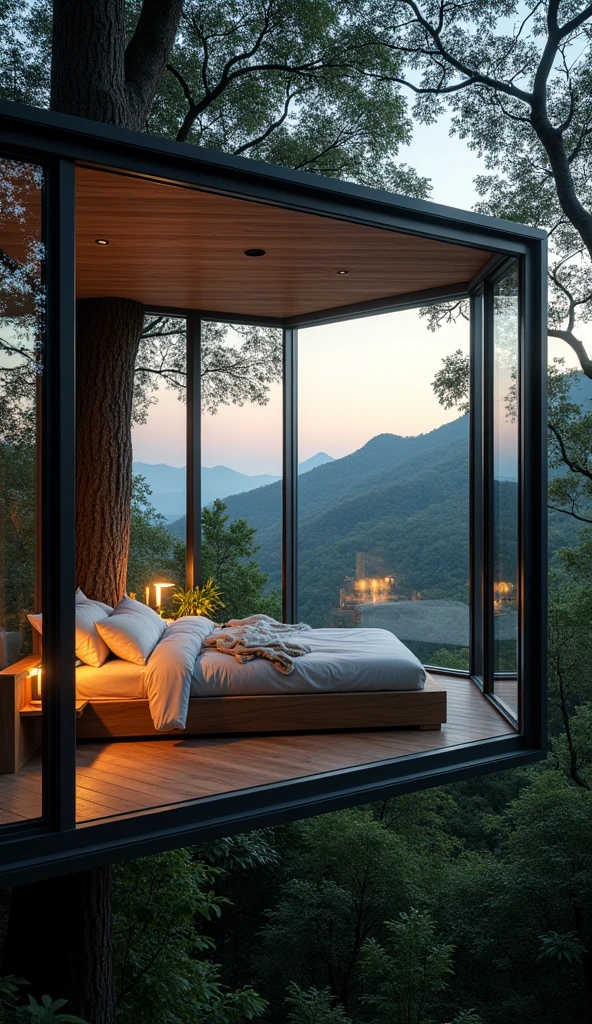 A minimalist, yet cozy bed in a sleek, modern treehouse, elevated above a dense forest. The bed is surrounded by floor-to-ceiling windows that offer a panoramic view of the treetops and distant mountains. The room is filled with natural light during the day, and at night, the starlit sky creates a magical, secluded atmosphere perfect for an intimate escape.