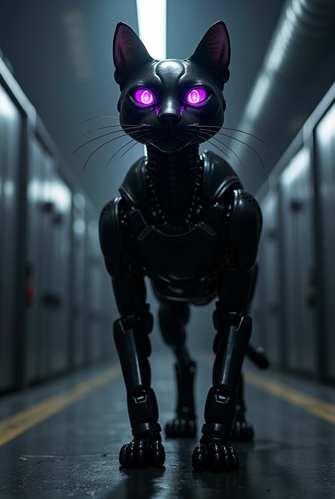 An animatronic cat, blackw, with eyes glowing purple, Security