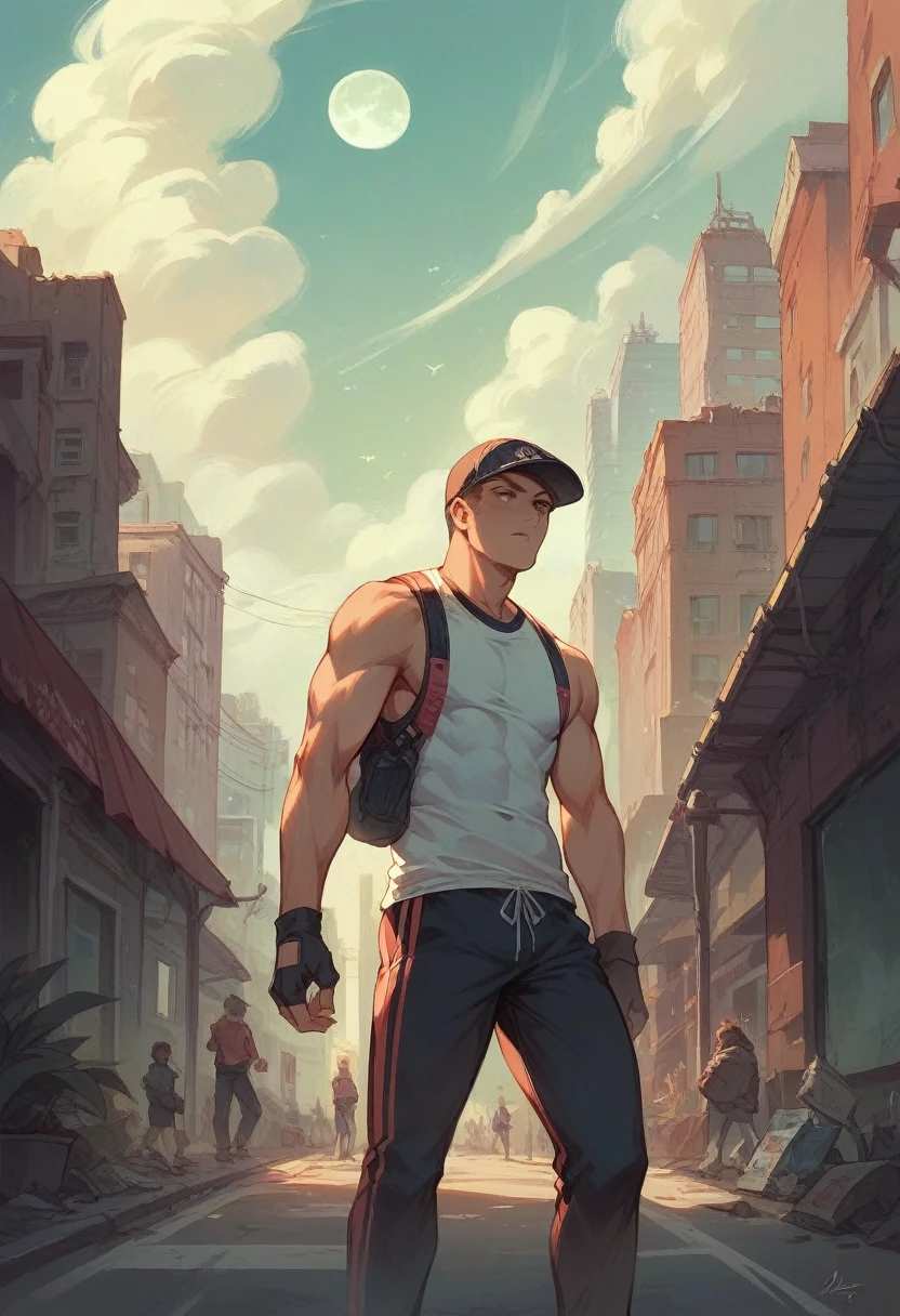8k, cinematographic, A person in sportswear in an apocalyptic city, with buildings full of nature and a moon on the horizon