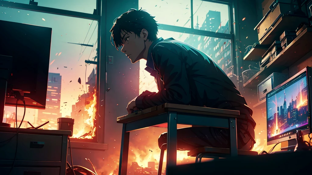 anime scene of a man sitting at a table in front of a window, background art, pc wallpaper, keyframe illustration, burning scene in the background, Burning city background, office background, epic scene full of computers, inspired by Ismail Inceoglu, the world is on fire, corporate animation style, Lofi Style, cinematic keyframe
