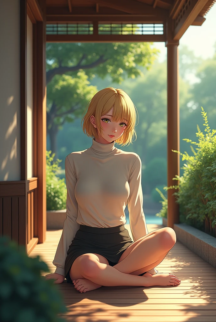 (photorealism:1.2), beautiful woman, sitting on porch, wearing turtleneck sweater, pencil skirt, short blonde hair, outdoors, soft lighting, plants in garden, relaxed pose, anime, intricate details, warm colors, japanese style home