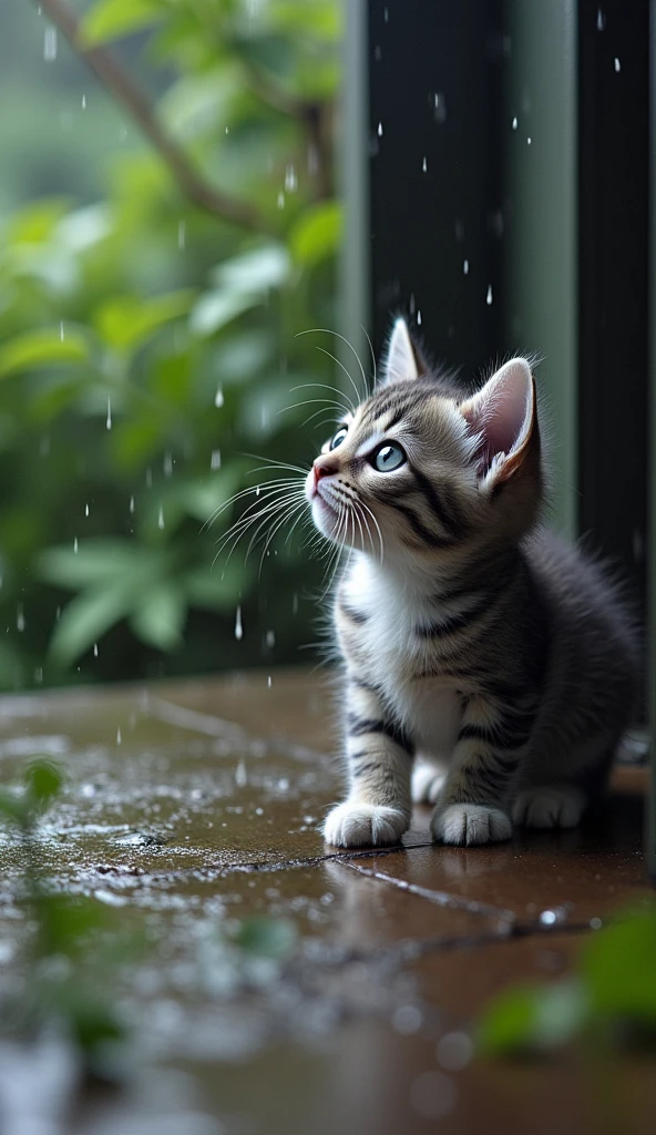 small kittens, Milo (gray and white) The first raindrops begin to fall. Milo hides under a porch, looking out at the rain.