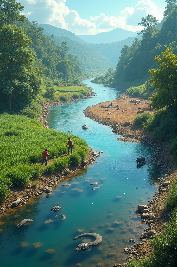 On the right side a river contaminated by mining tailings with dead animals and on the left side a clean river with crops and live animals and 2 people