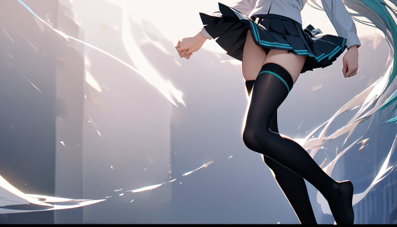 (1 girl),(high quality), (High resolution), (extremely detailed), (8K),(lower body shot),(Hatsune Miku is wearing her school uniform and navy pleated skirt.),(wearing black knee-high stockings)not wearing shoes,perfect writing,(Beautifully shape:1.2),High resolutionの美しい目,(neutral white lighting:1.2),Dancing in another world with strong winds, dinamic