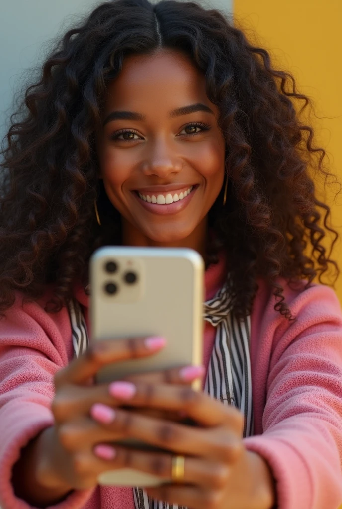 a brunette woman jambo, with long curly hair taking selfie