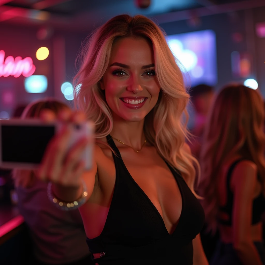 Blonde bombshell , smilling and she is taking a selfie inside the club. She is wearing a sexy black top, and the photo is a close-up.