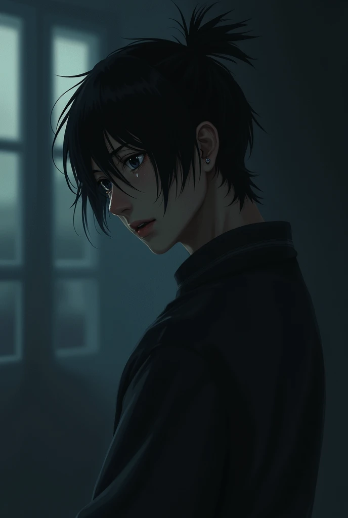 1 man, man crying, sad man, Black hair, bangs, small ponytail at the back, glancing back, dark background, full body, 