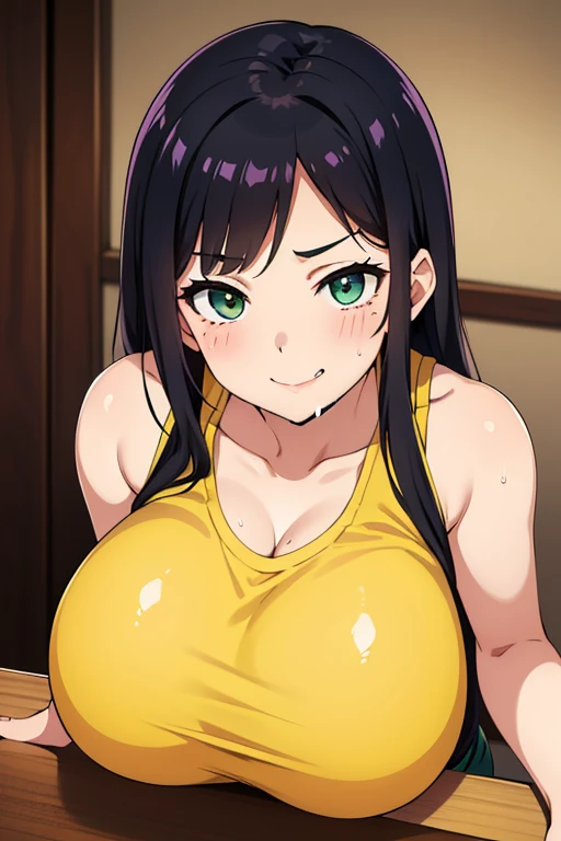 Young Face，tender，flexible，Very short stature，The room is bright，Colossal ，childish，gigantic breasts 5.5, colossal breasts, massive breasts, yellow tanktop, wet clothes, wet tanktop, smug face, cute smile, mischievous, green eyes, very long hair, black hair, purple underhair, side bangs, gradient hair, looking from above, close to viewer, young girl, cute, blushing, beauty marks on face,