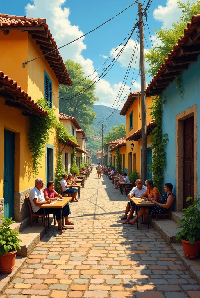 Painting cobblestone street with old and humble houses northeast of Brazil people playing dominoes on the sidewalk