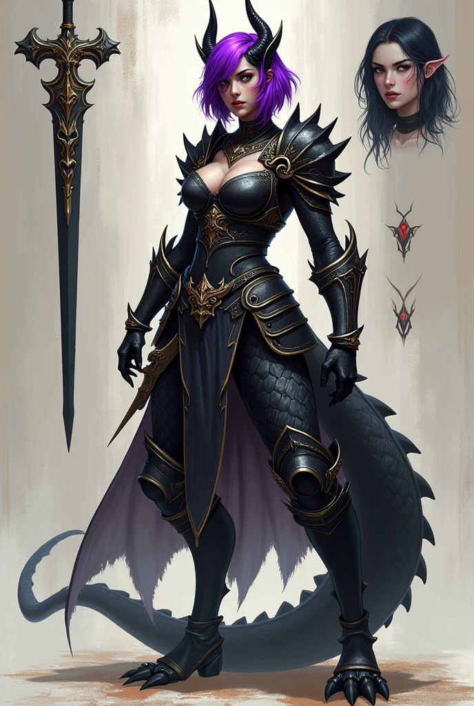 Imagine a full body character concept sheet Of a tall girl, black skin, Black hair with fluorescent purple and short to the shoulders, horns, Black dragon legs and features With Reyna accessories and medieval soldier armor With terrifying appearance
