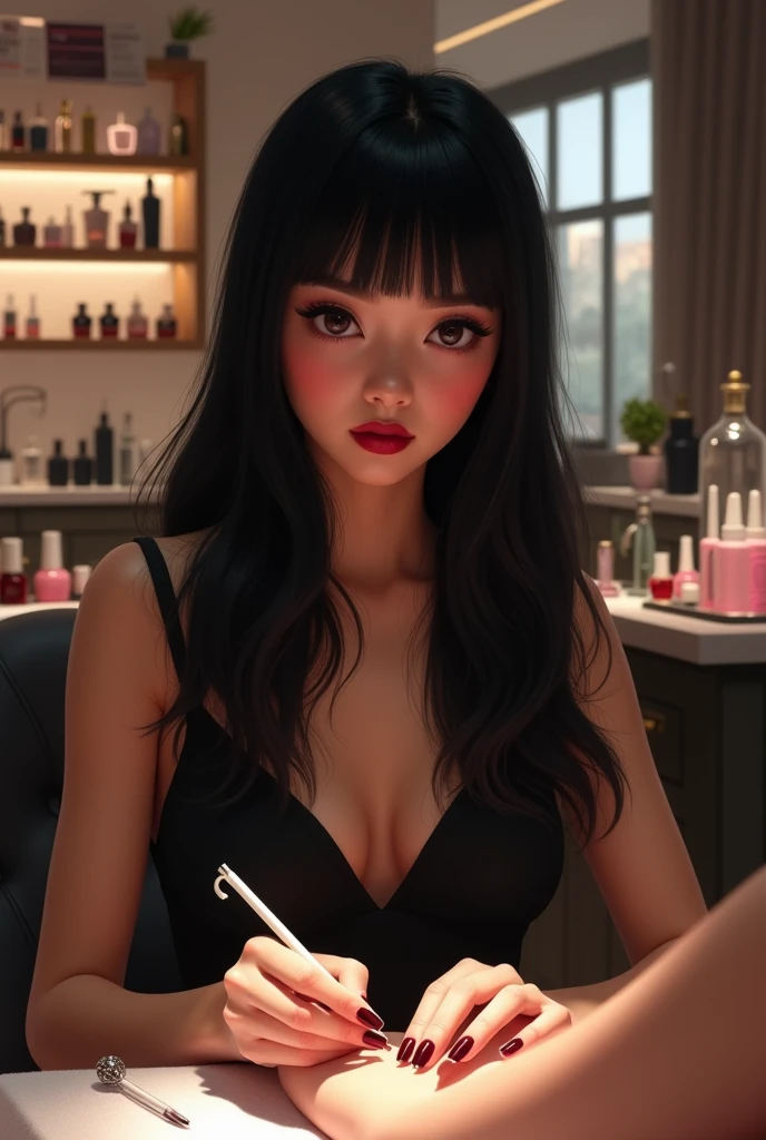 A manicurist girl with long straight hair and bangs on her forehead, very black in color, round face, slightly big and very black eyes, slightly thick lips, flat nose, sitting in a nail salon, dressed in black, dark red lips and dark brown skin, doing nails.