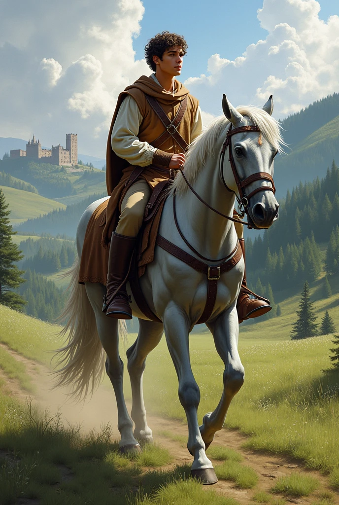 Drawing 

Young man, with a brown medieval peasant outfit, on grey horse in a medieval decor