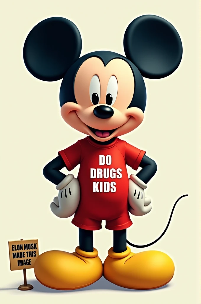 mickey mouse wearing a shirt saying “do drugs kids” with a sign saying “elon musk made this image”