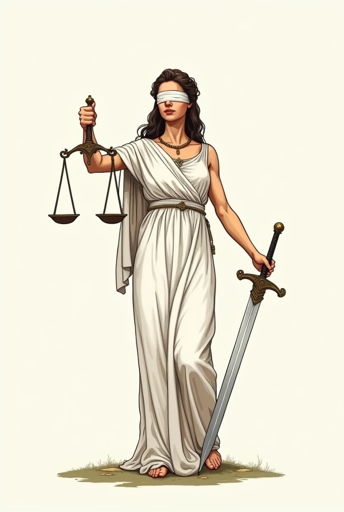 Goddess Themis, blindfolded, with a scale in his right hand and a sword in his left hand Easy and simple hand drawing