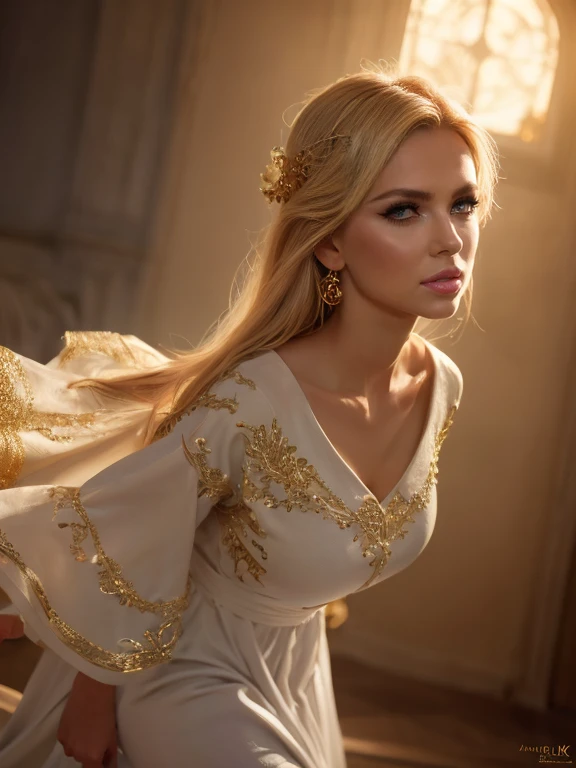 1girl, lithe babe with gigantic tits, dancer, fantasy setting, white robes, full body shot, golden hair, gold trim, embroidery, (best quality,4k,8k,highres,masterpiece:1.2),ultra-detailed,(realistic,photorealistic,photo-realistic:1.37),detailed eyes,detailed lips,extremely detailed face and features,longeyelashes,dramatic lighting,dramatic colors,magical,ethereal,fantasy art,digital art