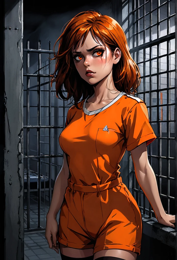 1 fille, ohwx woman, High resolution, Longhaire, black har, red eye, Artwork, Anatomie correcte, fine, athletic, smalll breasts, inmate, orange prisoner uniform, menottes, Best Quality, Details, uhd, Illustration, comic book illustration, fear, horror, prison, shadowy