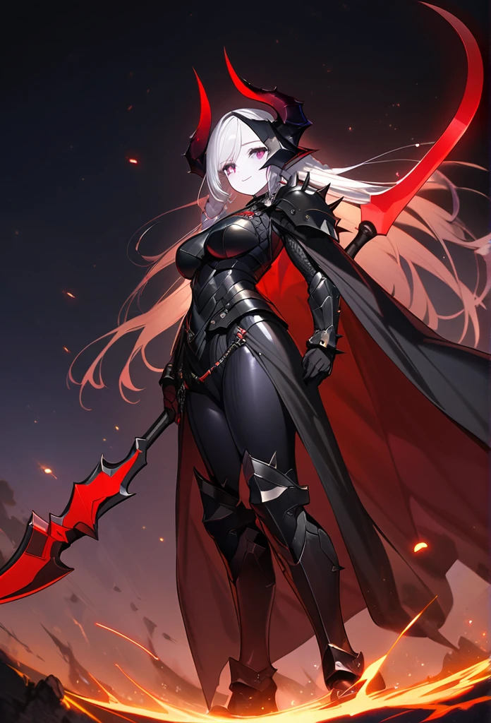 (One Woman),(Best image quality, 32K, masterpiece:1.3),((Silver long hair:1.1)),(Swept-apart bangs,Braiding), (Cute eyes, Dark Eyes), (Detailed eyes),(Mole under right eye), (Standard weight), (Glowing Skin:1.1),(Pale skin:1.2),(A fantastic atmosphere),(look up),Ultra-high resolution, Textured skin, Sparkle Effect, adult,Belly button,Low - Angle,
Dark Knight,Full body black hex armor with large spikes on the shoulders,A black full-face helmet with two horns,Black innerwear,
Death Scythe,
Red-black sky,Black Earth,Standing posture,
A defiant smile,