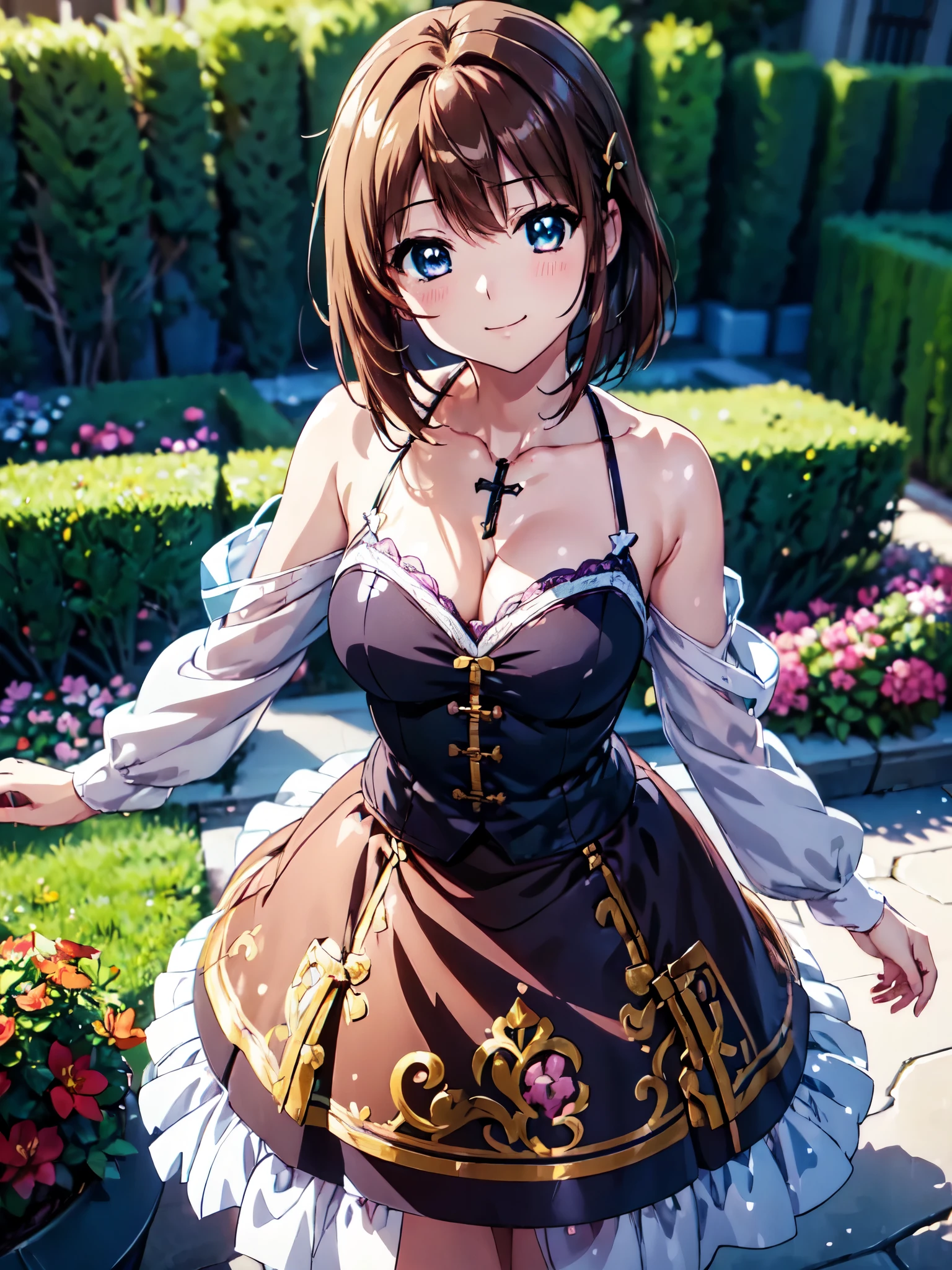 Highest quality、(Anime illustration style:1.5),High resolution、whole body、Standing、garden、hayate yagami、Shortcuts、Beautiful brown hair、Beautiful and attractive red eyes、Cross hair clip、smile、Very detailedな顔、Closed Mouth、smile、camisole、Long skirt、1 person、Beautiful Eyes, Sharp pupils, Sharp focus, (Very detailed, bloom, Shine:1.5)、(Genuine、Realistic、Realistic)、High resolution、超High resolution、Ultra-fine painting、Cowboy Shot、Leaning forward