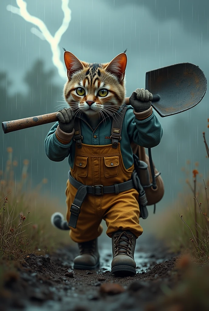 an anthropomorphic cat, going out to work in the field with a shovel carried on his shoulders, boots, rain, lightning, ultra-realistic 3D 16k.