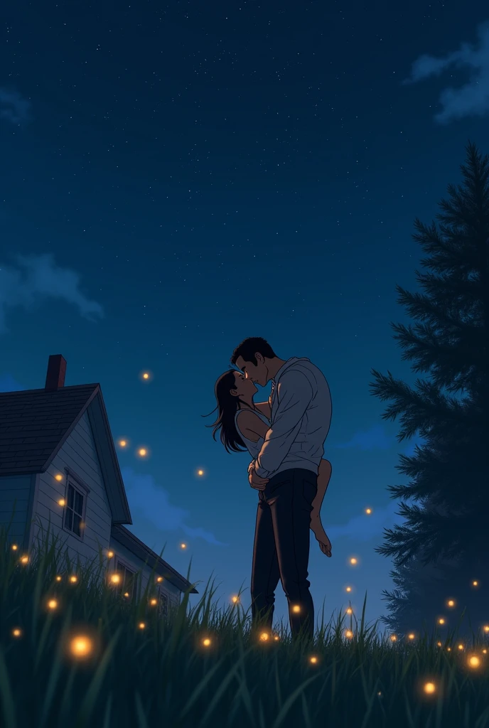 Create a realistic, masterpiece-level YouTube cover art for a song titled 'Rise to Glory' in a 16:9 ratio. The image should depict a deeply emotional and realistic scene showing the love between a father and his daughter. The perspective should be elevated, with the house positioned on the left side of the frame. The background should feature a dark blue night sky with a multitude of stars. The father should be wearing a white vest and black pants, smiling gently as he holds his little daughter, who has beautiful black hair. Both should be depicted in a highly realistic style, emphasizing their deep emotional connection. The lower part of the image should be covered with realistic grass and scattered fireflies. On the right side, tall pine trees should create a dense, lifelike forest. Ensure the style is realistic, avoiding any cartoonish elements.