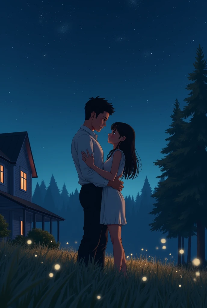 Create a realistic, masterpiece-level YouTube cover art for a song titled 'Rise to Glory' in a 16:9 ratio. The image should depict a deeply emotional and realistic scene showing the love between a father and his daughter. The perspective should be elevated, with the house positioned on the left side of the frame. The background should feature a dark blue night sky with a multitude of stars. The father should be wearing a white vest and black pants, smiling gently as he holds his little daughter, who has beautiful black hair. Both should be depicted in a highly realistic style, emphasizing their deep emotional connection. The lower part of the image should be covered with realistic grass and scattered fireflies. On the right side, tall pine trees should create a dense, lifelike forest. Ensure the style is realistic, avoiding any cartoonish elements.