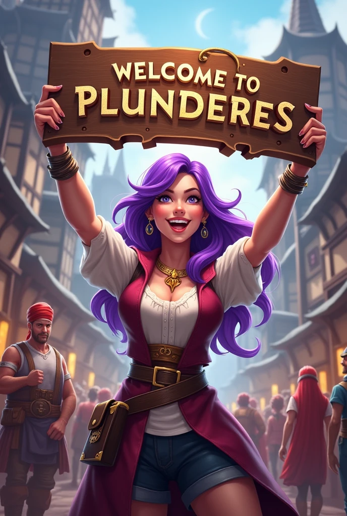 a purple haired woman leads a guild, she was happy smiling looking at the camera holding the word welcome to plunderes