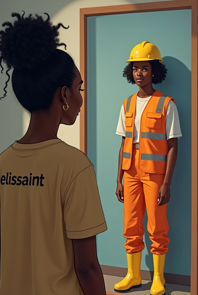 Une jeune fille noir qui a des cheveux un peu crepus et se fait un chignon habillé avec un t-shirt qui écrit Eliassaint, elle se regarde dans un miroir et elle voit son reflet qui est un peu mature et habillé avec l'uniforme complet d'un ingénieur civil( avec le gillet jaune, casque jaune et des bottes). Elle l’a voit sourire avec elle ce qui l’assure. Je ne veux pas des images d'enfants car elle a 19 ans. Je veux voir les bottes