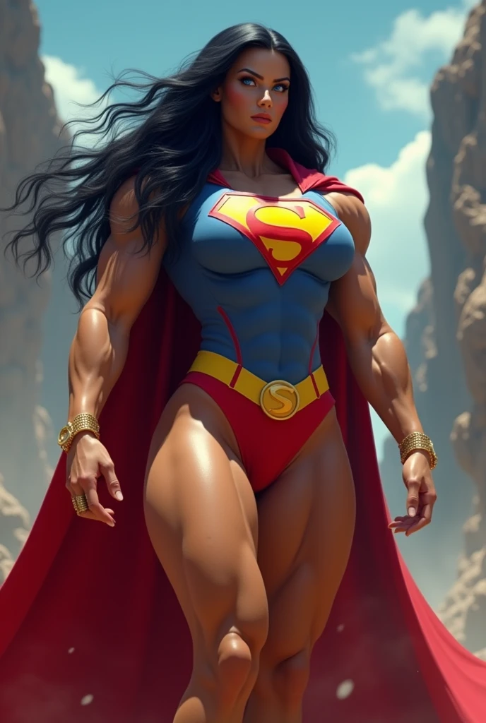 A HYPER MUSCULAR FEMALE BODY BUILDER WITH LONG BLACK HAIR, BLUE EYES, WITH HUGE BULGING MUSCLES, WEARING ASUPERMAN SUIT AND CAPE. ABSURD 8K RESOLUTION, INCREDIBLY DETAILED SKIN AND EYES.