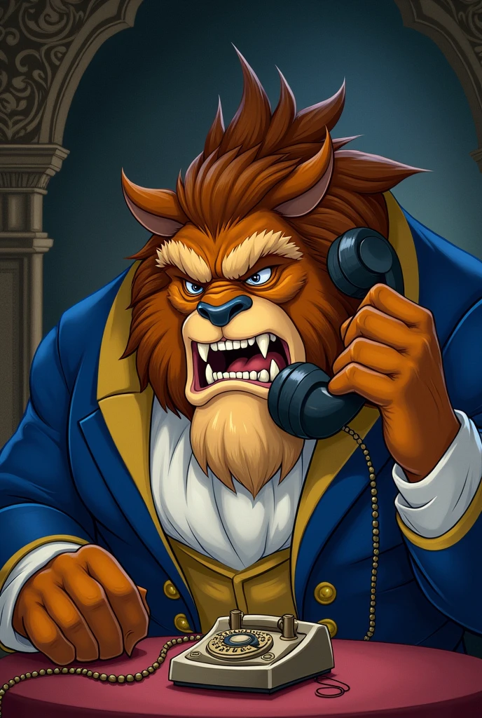 Make the beast from Beauty and the Beast Disney-style talking on the phone super annoying
