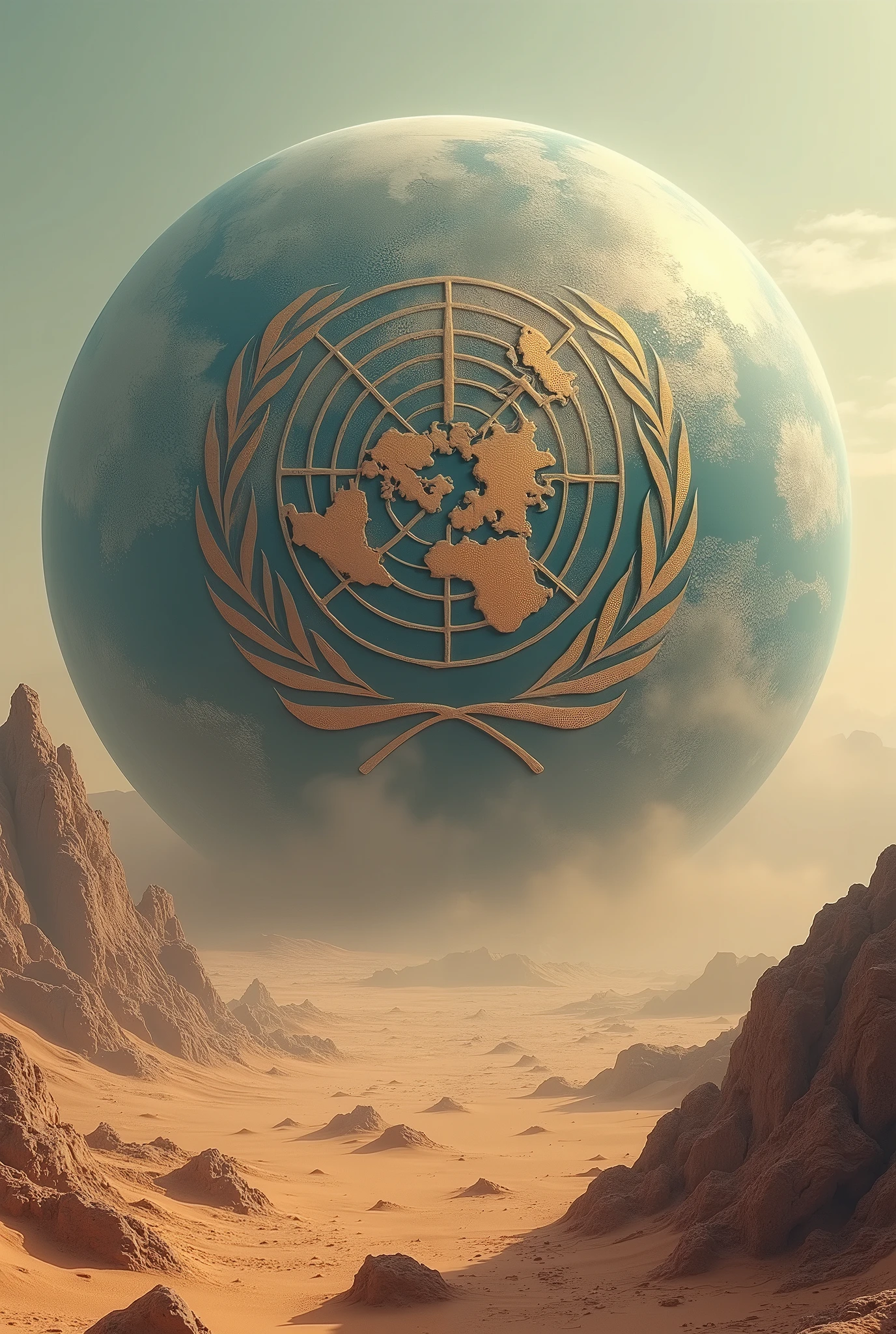 Image of the desert planet Earth with the logo of the United Nations Organization