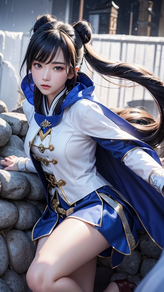 In the daytime, Dark blue sky,Outdoor riverside, 校服,Lace clothes, Superskirt, Long pink and purple hair, Long hair and waist, 10-year-old girls,Beautiful teenage girl, oh, God, divinity, white headgear, Sit on the railing,opening legs,White lace stockings ,Stockings strangle,Hairline, slanted bangs, shairband, hair adornments, forehead jewel, Jewel branch of Paulai, Crescent hair ornaments, fish hair ornament, God Ray, glitters, cinmatic lighting, Lens glare, hyper HD, high detal, high qulity, A high resolution, best qualtiy, 8K, 16k, high detal, high qulity, super detailing, anatomy correct, tmasterpiece, ccurate