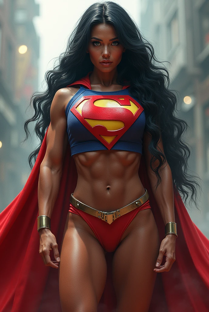 A HYPER MUSCULAR FEMALE BODY BUILDER WITH LONG BLACK HAIR, BLUE EYES, WITH HUGE BULGING MUSCLES, WEARING ASUPERMAN SUIT AND CAPE. ABSURD 8K RESOLUTION, INCREDIBLY DETAILED SKIN AND EYES.