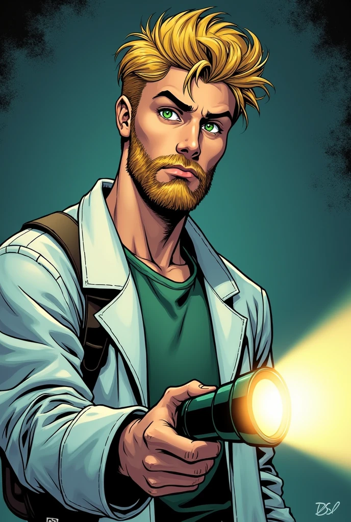 20 year old college man with short blond beard, with golden green eyes wearing a lab coat and full body with an investigative face and a flashlight in his hand, the image in the form of dc comics art without background