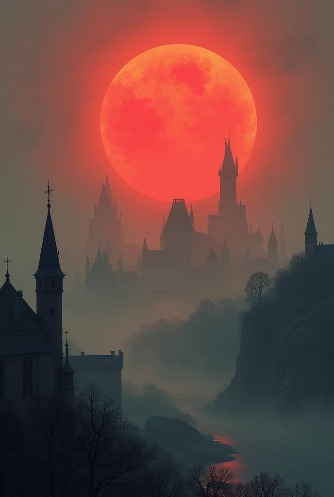 Crie uma cidade medieval de dungeons and dragons, do with an eclipse, make the city with a thick fog, make this city with thick fog and eclipse, and in this city there is a red dragon from dungeons and dragons, just show his silhouette in the fog, make it smaller, the size of a house, and it's a red dragon from the dungeons and dragons universe, make it smaller, and it's an eclipse, make this art in the style of art made during the middle ages, make this art less realistic, do the eclipse