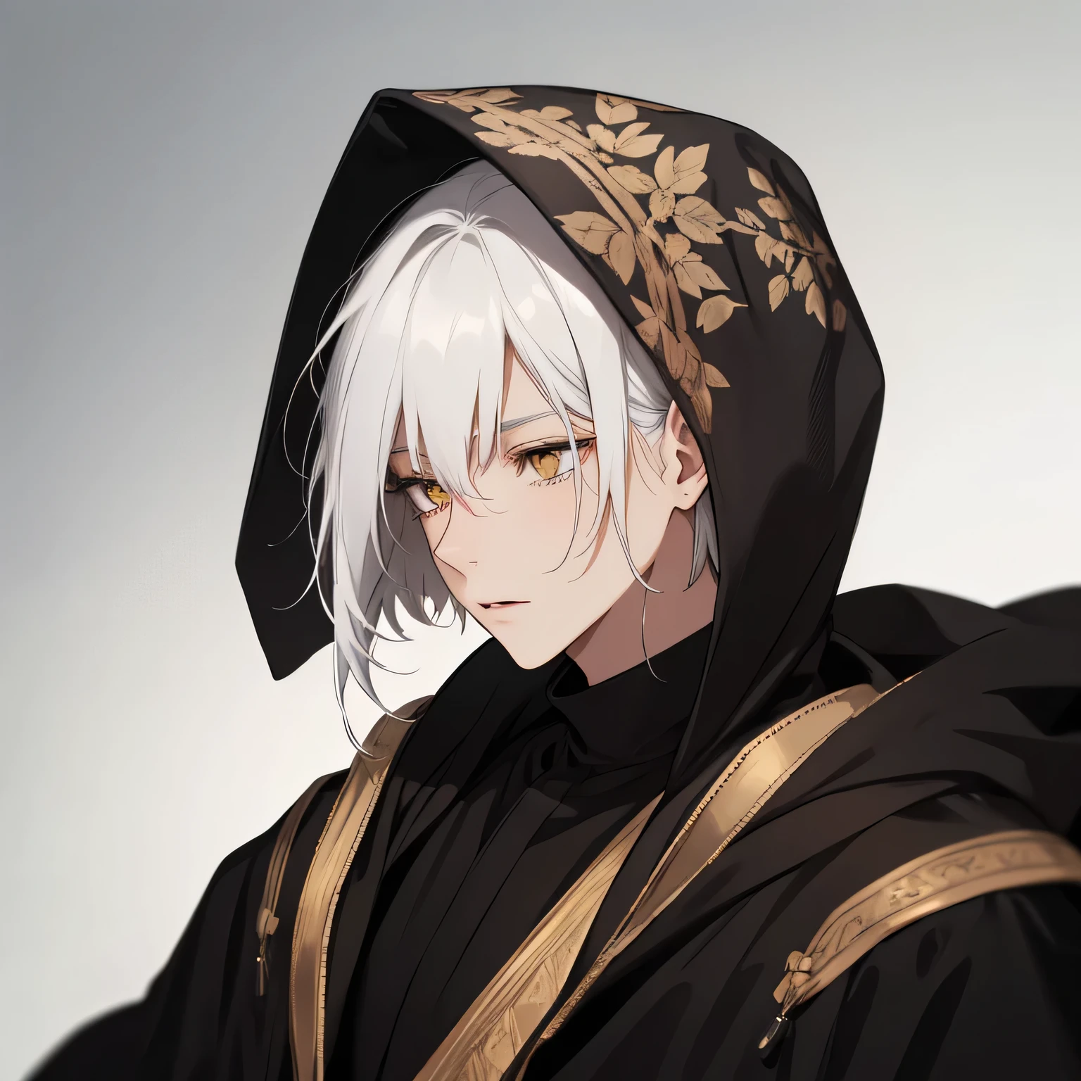 masterpeace, high quality, 4K, FHD
BREAK
(((man))), tall, height 1.93meters, chubby 77kg
BREAK
(hood up), black robe, wizard robe
BREAK
white hair, hairs between eyes, crossed bangs, (two-block hair)
BREAK
(amber eyes), blank eyes
BREAK
headshot
BREAK
black background