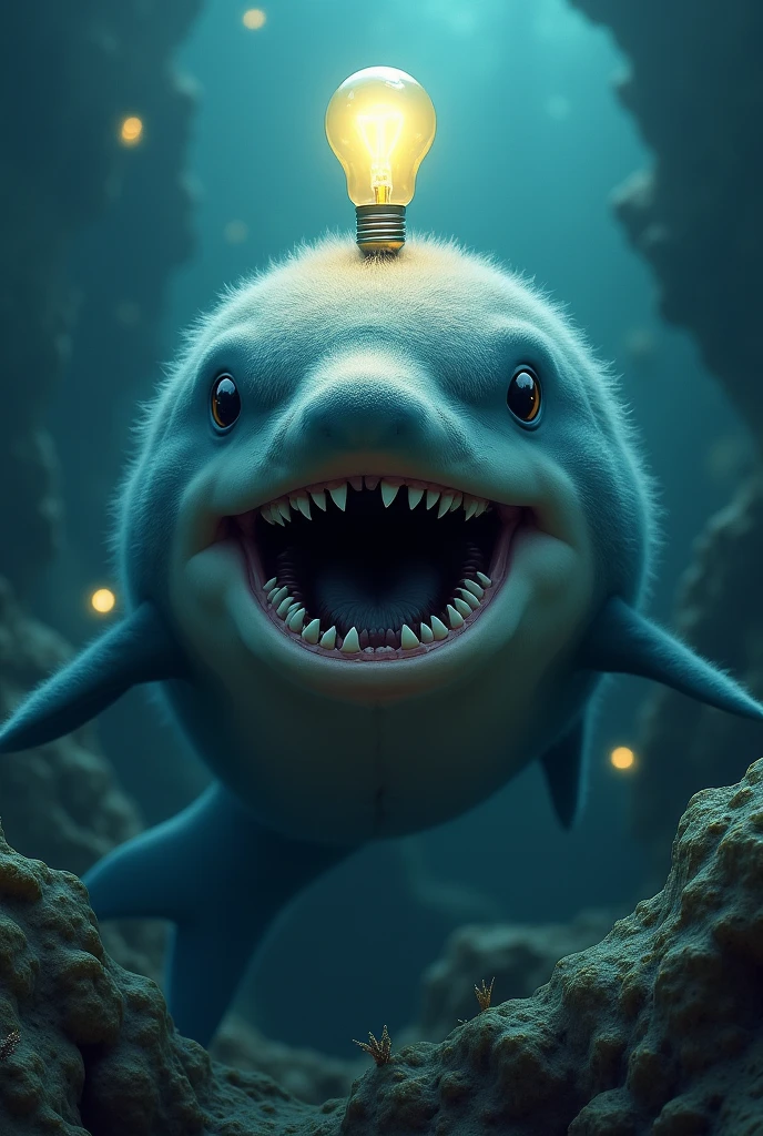Shark with a dolphin mouth and fur with a light bulb and white eyes