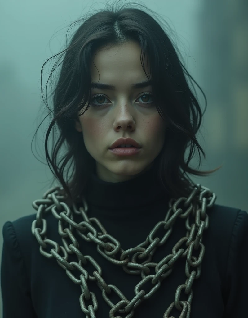 Surreal Cinematic Picture about a woman in chain, woman that exploited by fashion trends