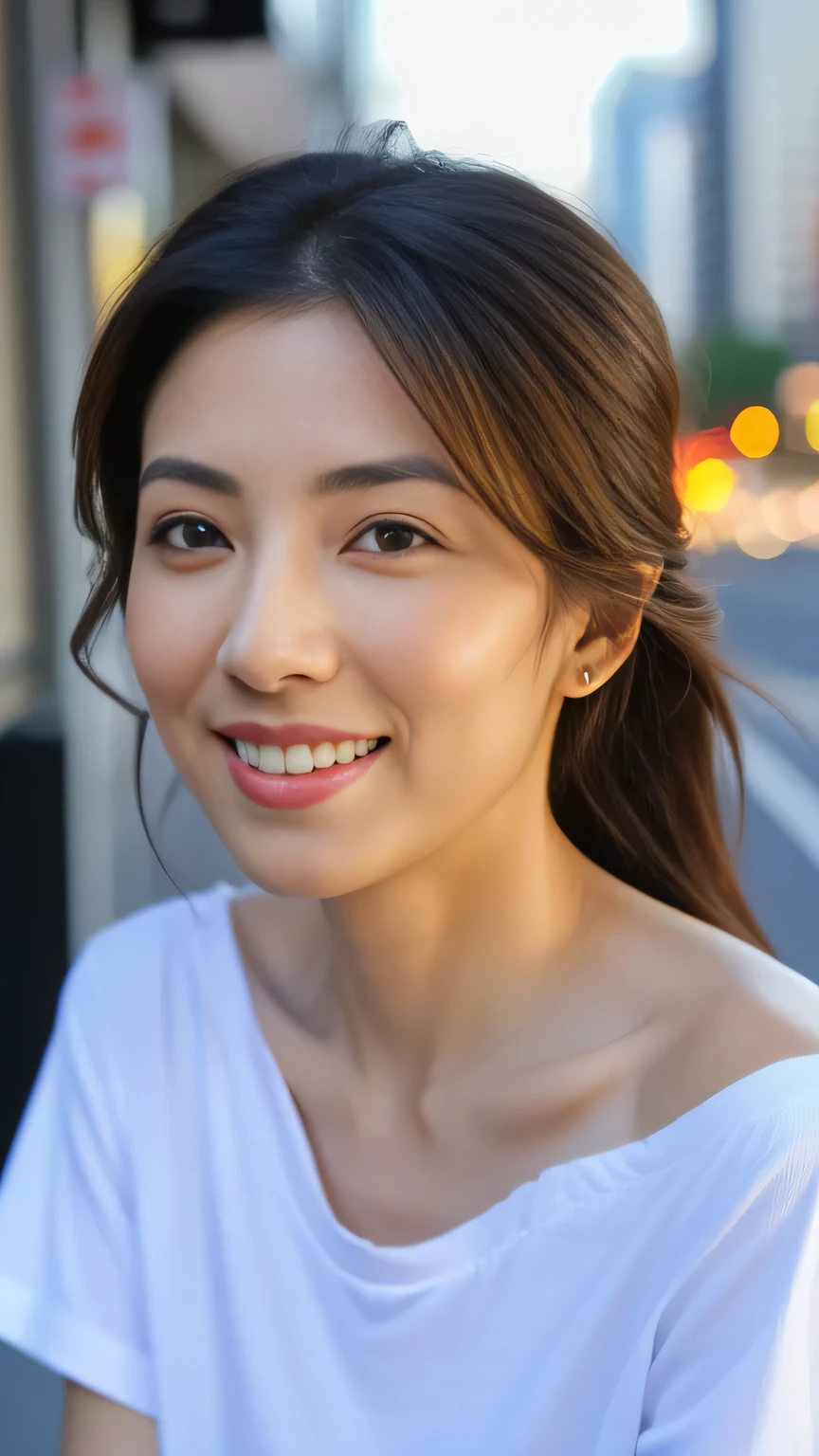 (Very detailed CG Unity 8K wallpaper,Tabletop, Highest quality, Very detailed, Looking into the camera:1.2, Big smile、Light on the face:1.5, Downtown Background, Professional Lighting), 4, living in Japan、Mature Woman、Gorgeous Long Hair, Black-haired, The contours of the face become fuller:1.5, (Thin eyebrows:1.25), big, Bright Eyes, Nose is too small, Soft mouth, physically slim, (Wear an off-the-shoulder T-shirt), Impression of sincerity, Noble Mix Mod v3.0