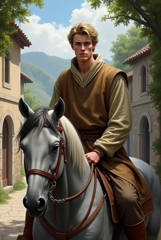 Drawing
Young white man, blond hair and sweet face, with a brown medieval peasant outfit, on grey horse in a medieval decor