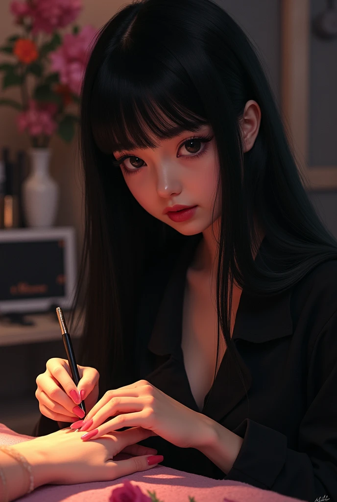 A manicurist girl with long straight hair and bangs on her forehead, very black in color, round face, slightly big and very black eyes, slightly thick lips, flat nose, sitting in a nail salon dressed in black, dark red lips and dark brown skin, doing nails with an innocent face.