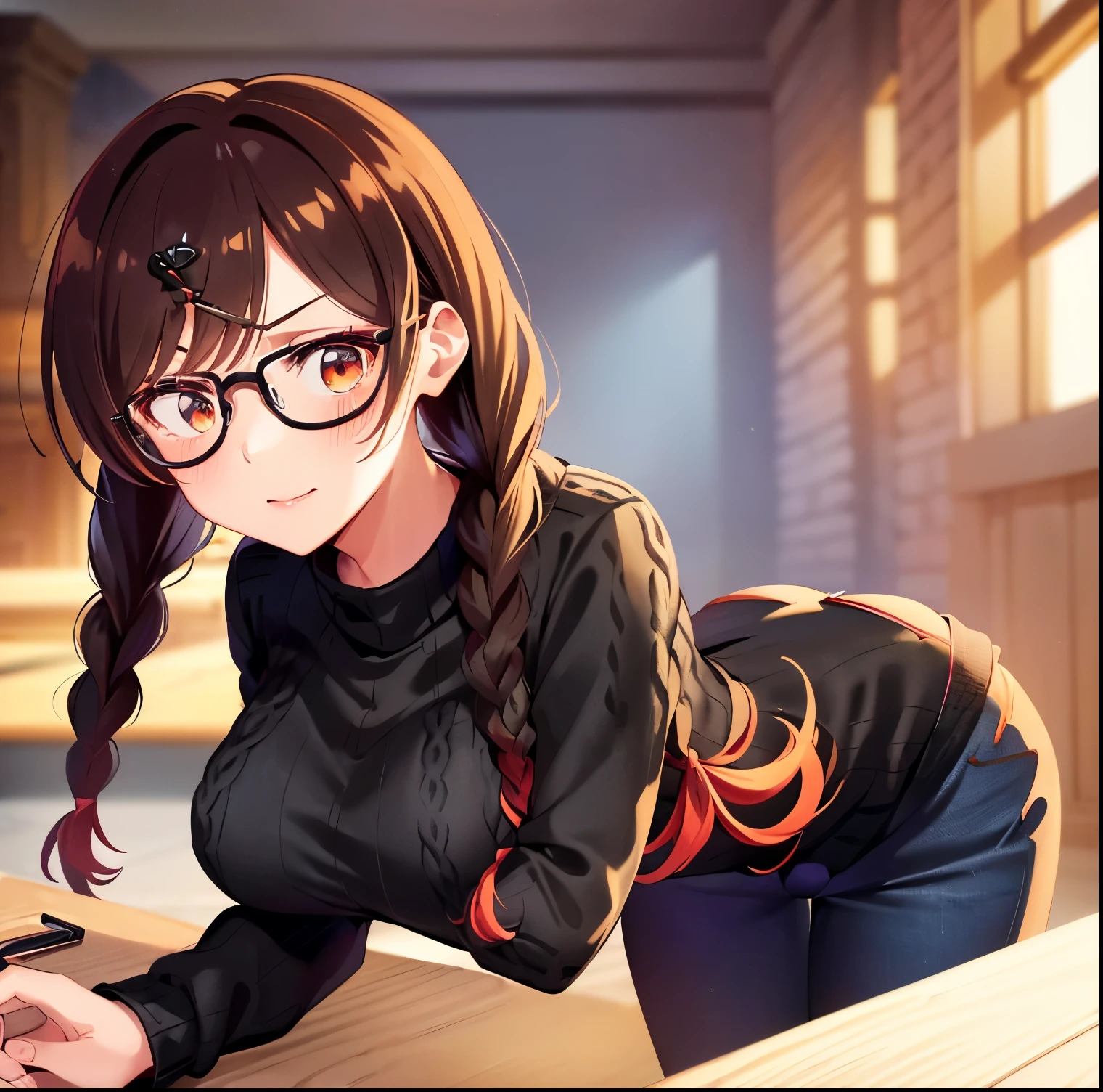 ((1girl)),((alone)),Chizuru Mizuhara, (kanokari),(masterpiece), (best quality), (ultra detailed), (best illustration), (best shadow), (absurdities), sharp focus , cowboy photo, atmospheric perspective, depth of field, dynamic posture looking at the viewer, big breasts, narrow waist, wide hips, wide thighs, round butt, erotic, romantic, (highly detailed eyes, lips 1.1), highly detailed eyes, eyes, Very detailed face, Very pretty face, Symmetrical face, Aesthetic face, perfect face, perfect eyes, detailed eyelashes: 1.5), full height, beautiful slender figure, femininity, expressive appearance, elastic big breasts, sexuality, half-open lips, eyes brown,Long hair, brown hair, ((twin braids:1.3)), ((two tails)), single, hair ornament, hairpin,(( black glasses:1.3)),twin braids,((denim jeans :1.4)), tight jeans, ((black sweater:1.4)),tight sweater,((neckline:1.3)), collarbone, ((long sleeves)),((black heels:1.2)),hand on hip ,curves,defined body,perfect and beautiful body,perfect and beautiful,closed mouth,flirtatious expression,smile,blush,(sexy pose: 1.2),((solo)), standing: 1.3,( (indoor, school, library, shelf, books, table, day, sunny, light reflection,)), looking back, from behind, ((focus on butt:1.4)), point of view: (from Middle), perfect anatomy, perfect hands