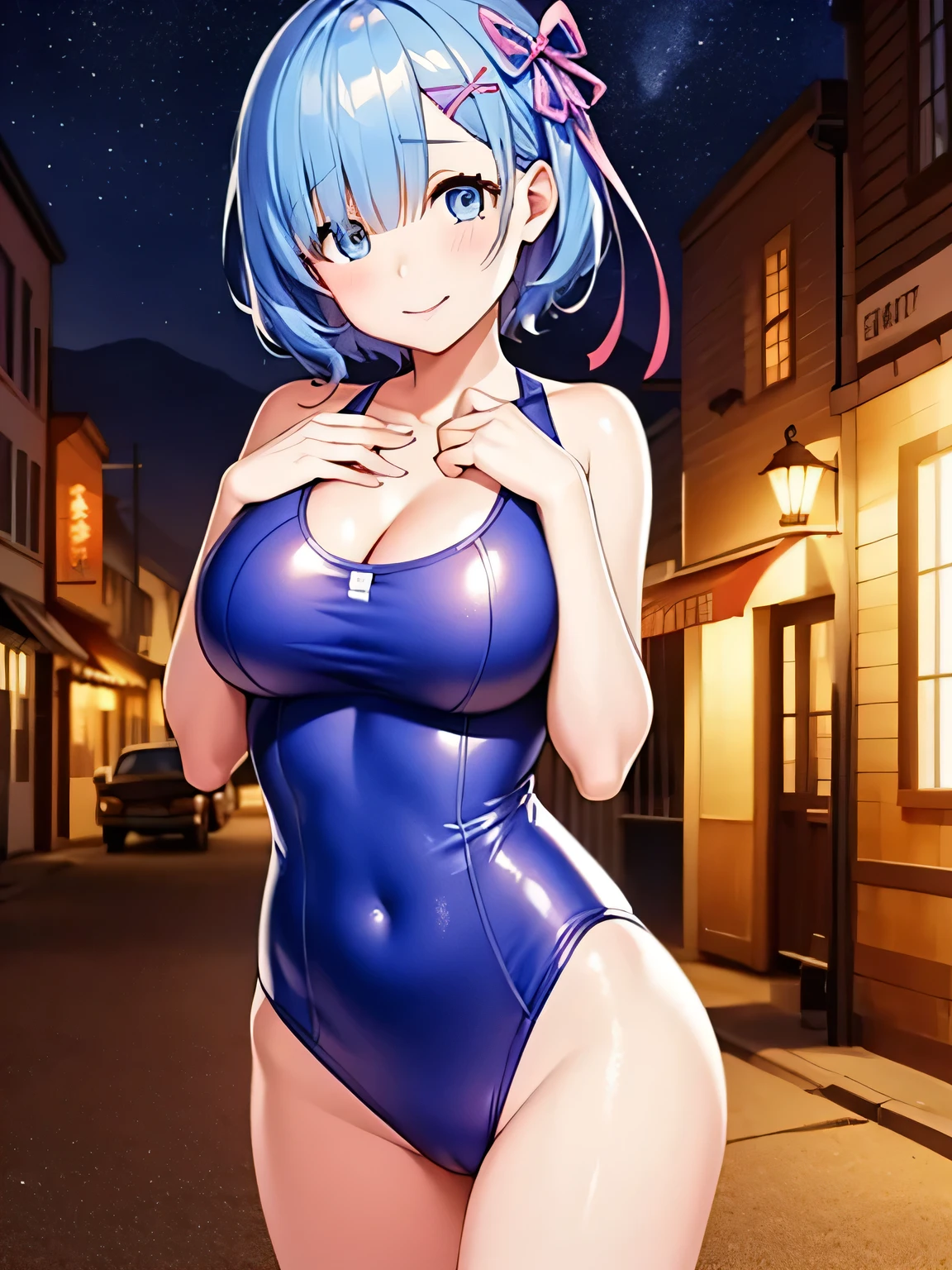 poor, short hair, x Hair accessories, Hair Ribbon, Hair on one eye, Large Breasts, Cleavage, (Low length:1.1),Cowboy Shots
break 
(software), Please place your hand on your chest, head tilt
壊す
little smile, Happy, (blush), (shut up.)
壊す 
official art, masterpiece, Highest quality, Highest Resolution, 8k, Most detailed, perfect anatomy
壊す
Wild West, Western Towns, Dust, Night Sky, Highly detailed CG Unity 16K, Very beautiful 16K CG wallpaper,(checkered swimsuit)