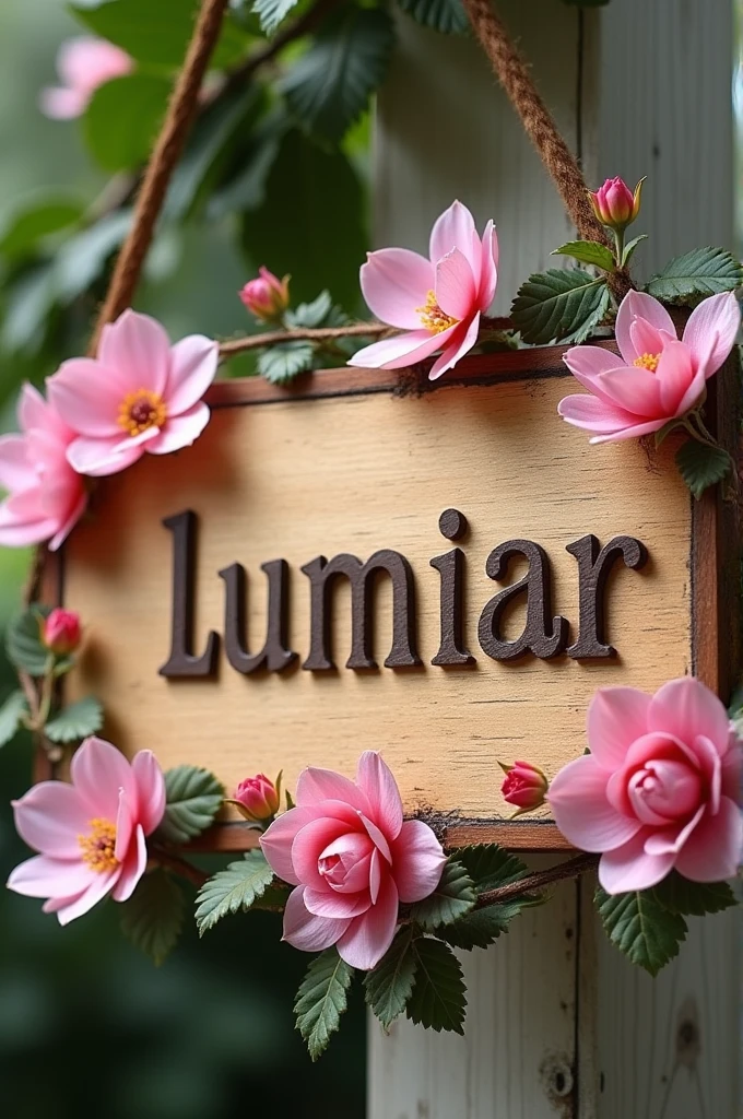 I want you to create a sign with the name LUMIAR as if it were made of wood with delicate pink flowers on the sides