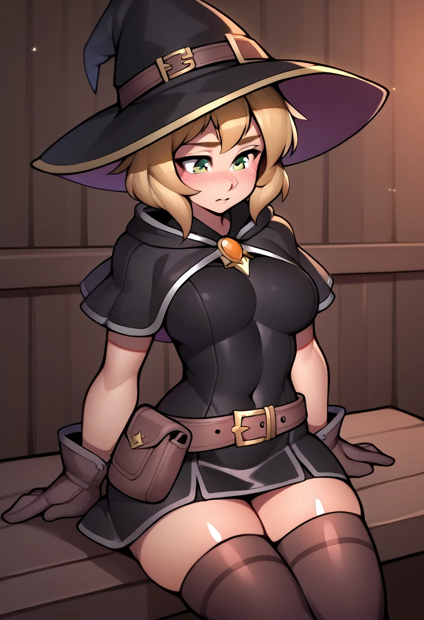 score_5_up, score_6_up,  
1girl, solo, sitting, blush, wearing (black dress, wizard hat, capelet, thighhighs, brown gloves), short blonde hair, green eyes, short puffy sleeves, belt, belt_pouch, covered navel, shiny