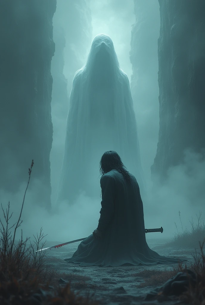 Create a distant and ethereal fantasy scene in which Hikan finds himself alone in a world shrouded in darkness and cold mist. In the mist, the ghostly figure of his mother, Iserphone, appears with eyes full of sorrow. She speaks softly to Hikan, who has fallen to his knees, his sword stained with blood and shadows lying beside him. The scene is filled with a haunting, spectral atmosphere, as Iserphone's form fades away, leaving Hikan isolated in the darkness, torn between the forces of light and shadow. The focus should be on the ethereal setting rather than the characters' faces.