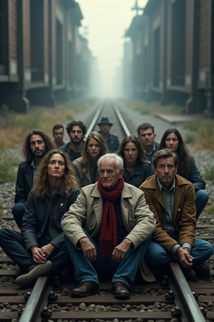 9 people are sitting on the railway line