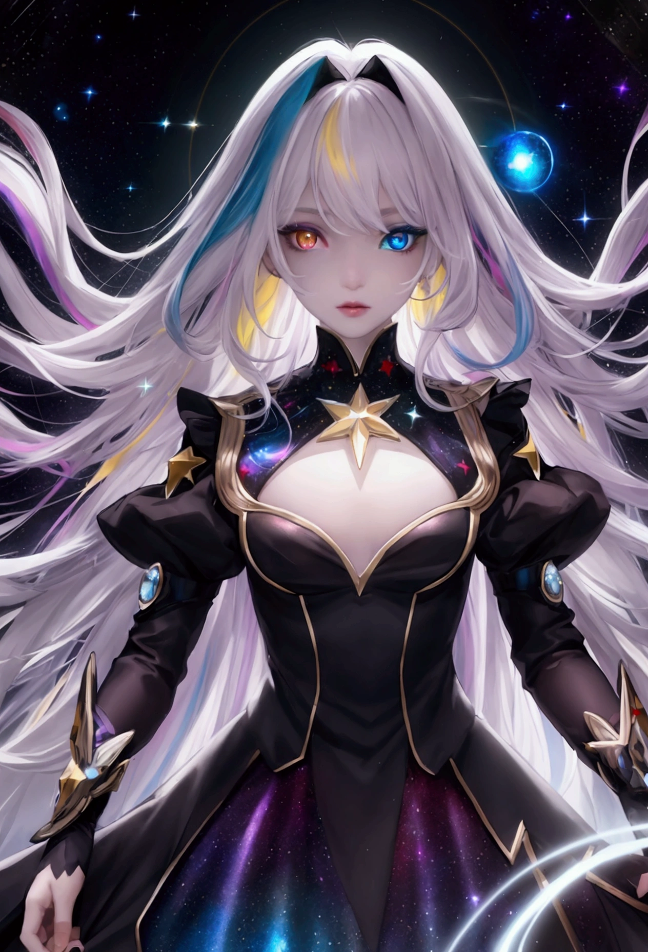 highly detailed,masterpiece,1girl,pale_skin,((cosmic deity)),very long hair,(multicoloured hair, gradient hair, yellow-purple hair:1.2),lipstick,
(heterochromia,sparkling eyes,star pupils,left red eye,right blue eye:1.3),(long galaxy-coloured bouffant dress,bouffant sleeves,star pattern on dress),embroidery,moon,moonlight,(glitter effect:0.7),art by greg rutkowski and artgerm,soft cinematic light,adobe lightroom,photolab,hdr,intricate,highly detailed,(depth of field:1.4),dark celestialskin body,void cosmic body,colored skin,flat color,jet black skin,silhouette,