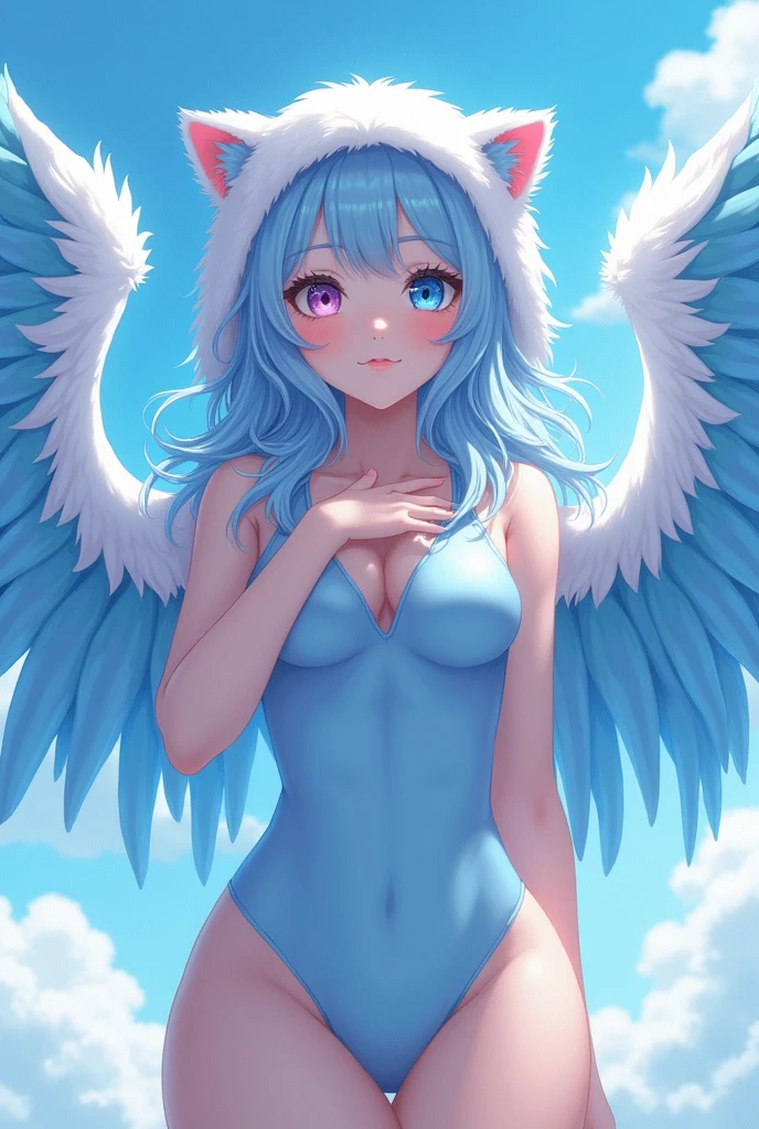 Anime girl with big pastel blue wings, wearing an adorable cat hat, white fur, one blue eye and the other pink, wearing tight clothes and a slim body, Her pastel blue clothes, cute girl and 20 years old